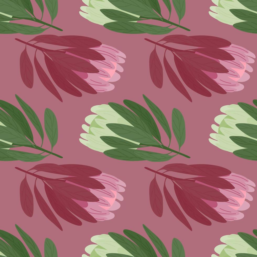 gröna och rosa färgade protea doodle blommor seamless mönster. blek lila bakgrund. klippbokstryck. vektor