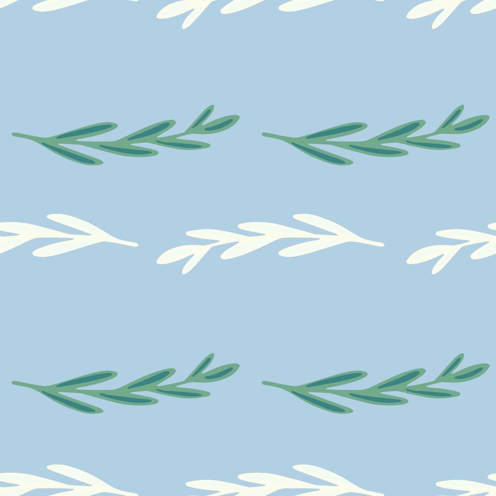 Helles, minimalistisches, nahtloses Muster mit grünen und weißen Blattzweigelementen auf blauem Hintergrund. vektor