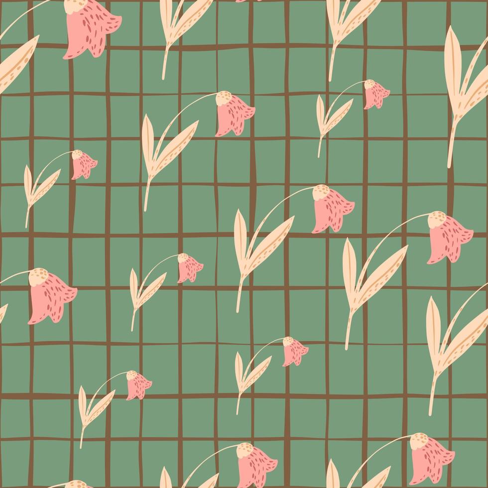 Zufälliges, nahtloses Doodle-Muster mit rosafarbenen Campanula-Blumen. grün karierter Hintergrund. vektor