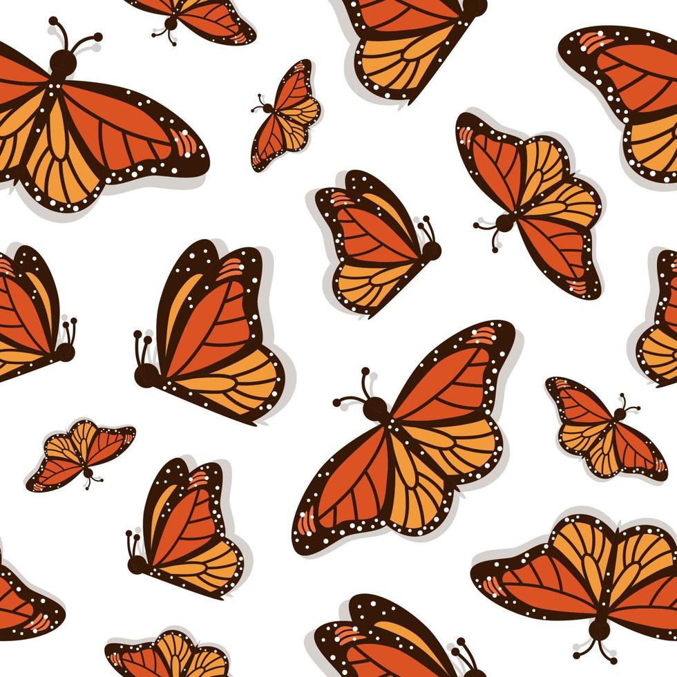 handritade flygande monarkfjärilar. vektor seamless mönster
