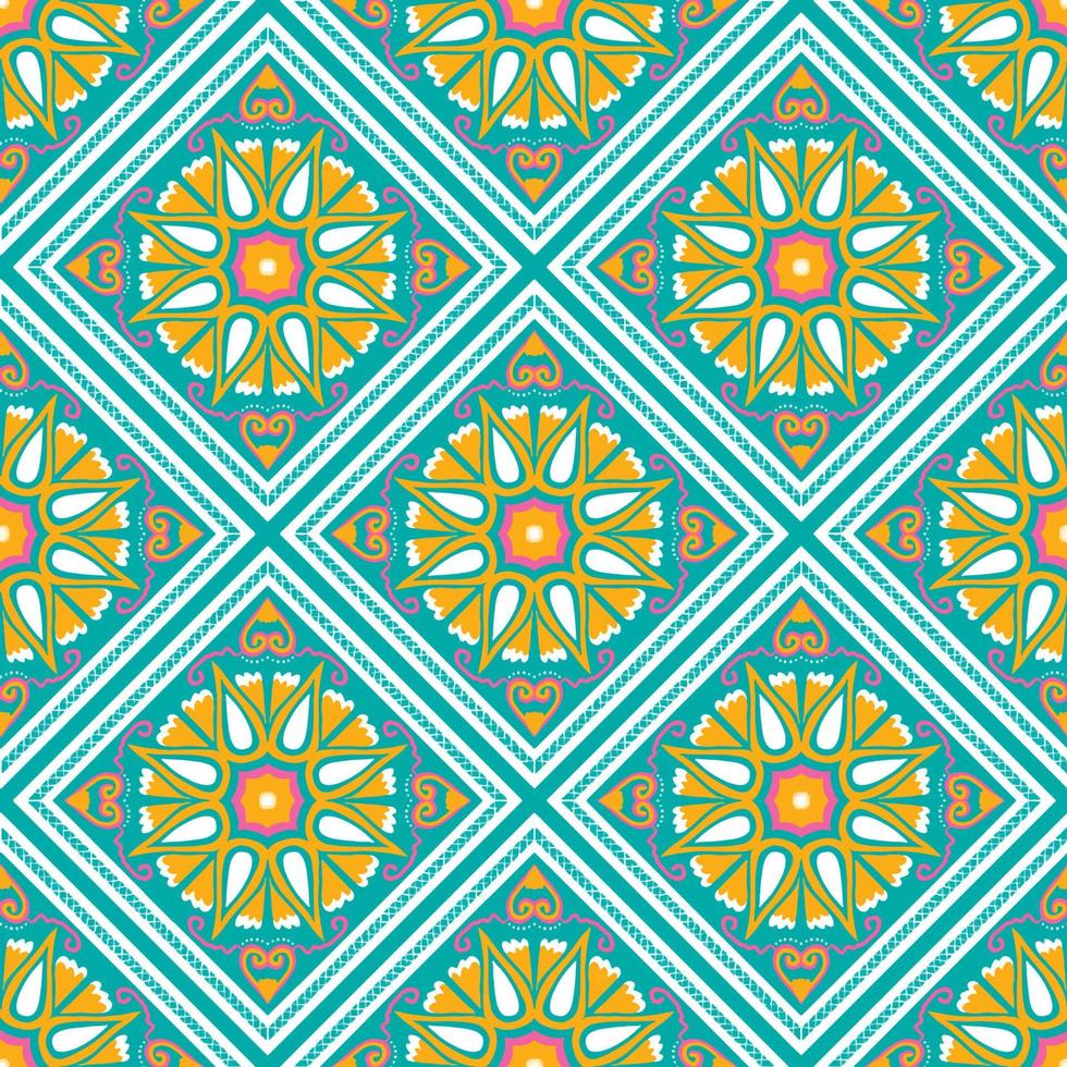 gelb, rosa, weiß auf grünem Blaugrün. geometrisches ethnisches orientalisches Muster traditionelles Design für Hintergrund, Teppich, Tapete, Kleidung, Verpackung, Batik, Stoff, Vektorillustrationsstickereiart vektor