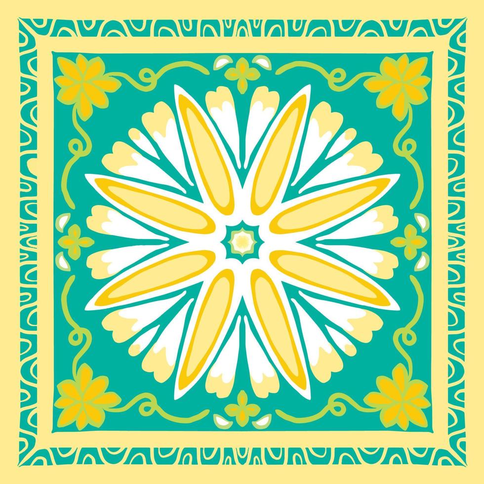 gelb, weiß, grün auf blaugrünem Schal. geometrisches ethnisches orientalisches Muster traditionelles Design für Hintergrund, Teppich, Tapete, Kleidung, Verpackung, Batik, Stoff, Vektorillustrationsstickereiart vektor