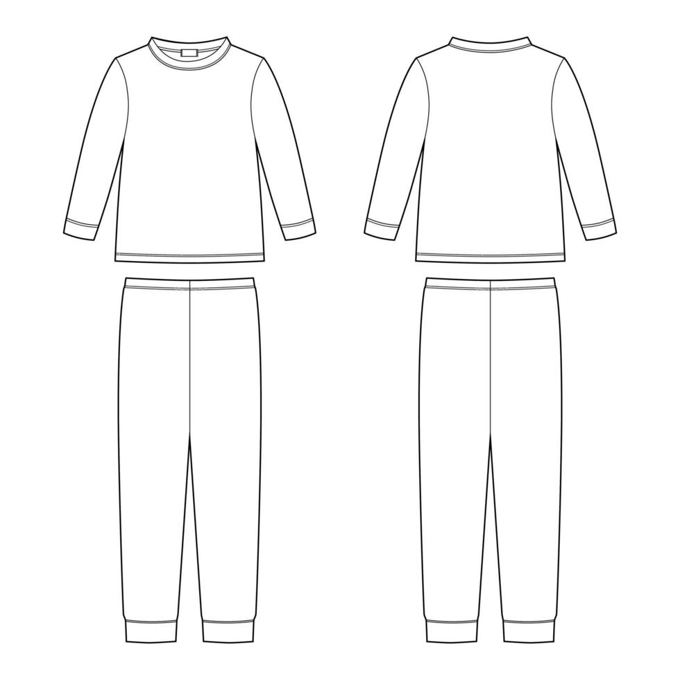 Technische Skizze des Kinderpyjamas. Sweatshirt und Hose aus Baumwolle. Designvorlage für Kindernachtwäsche vektor