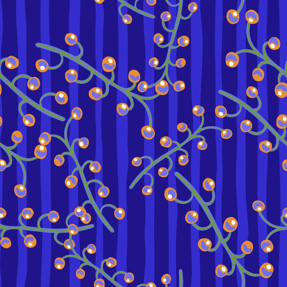 sömlös ljusa botaniska mönster med doodle bär grenar prydnad. marinblå randig bakgrund. slumpmässigt tryck. vektor