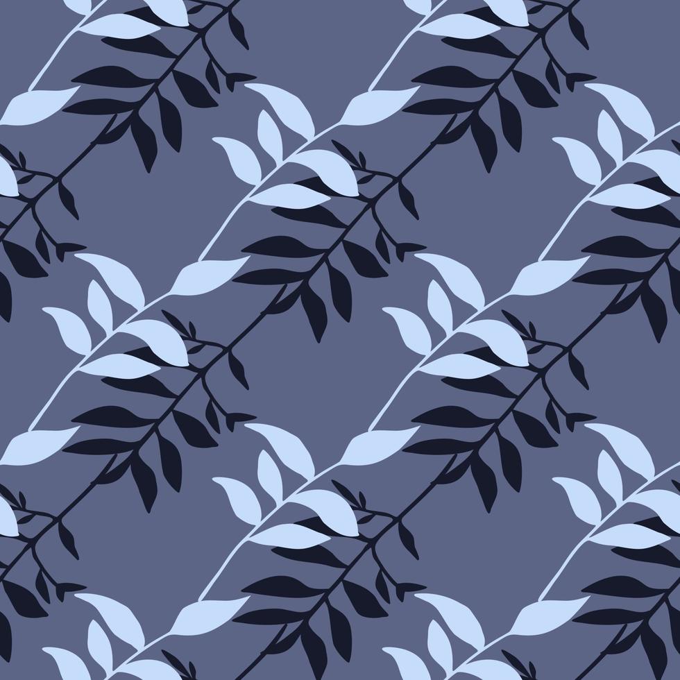 Nahtloses Muster mit Silhouetten von Vintage-Zweigen. Laubverzierung und Hintergrund in marineblauen und blauen Farben. vektor