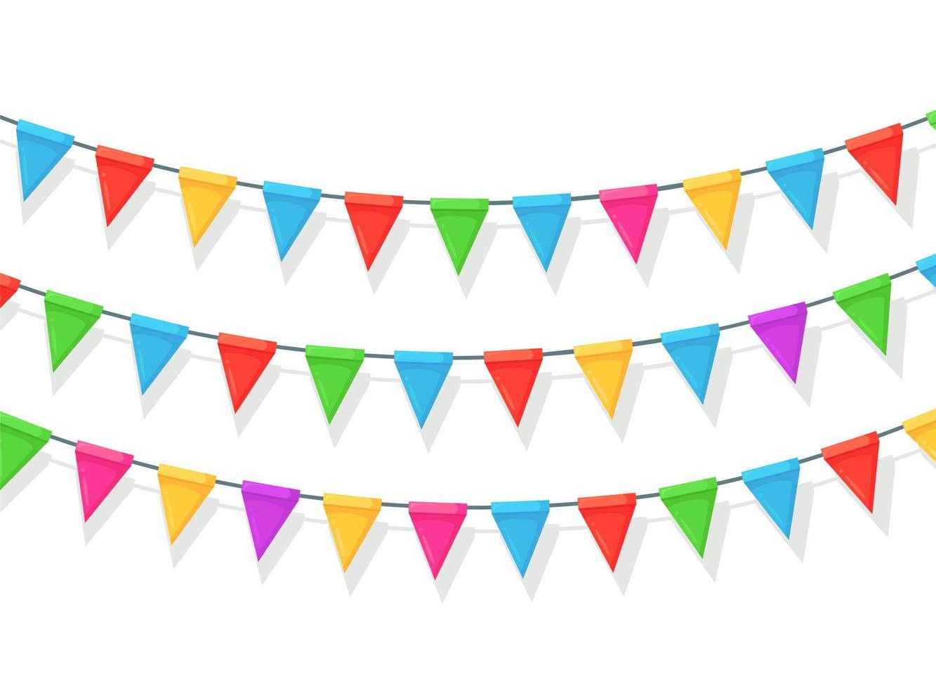 Banner mit Girlande aus farbigen Festivalfahnen und Bändern, Ammer isoliert auf weißem Hintergrund. dekoration, symbole zum feiern von happy birthday party, carnaval, fair. Vektor flaches Design