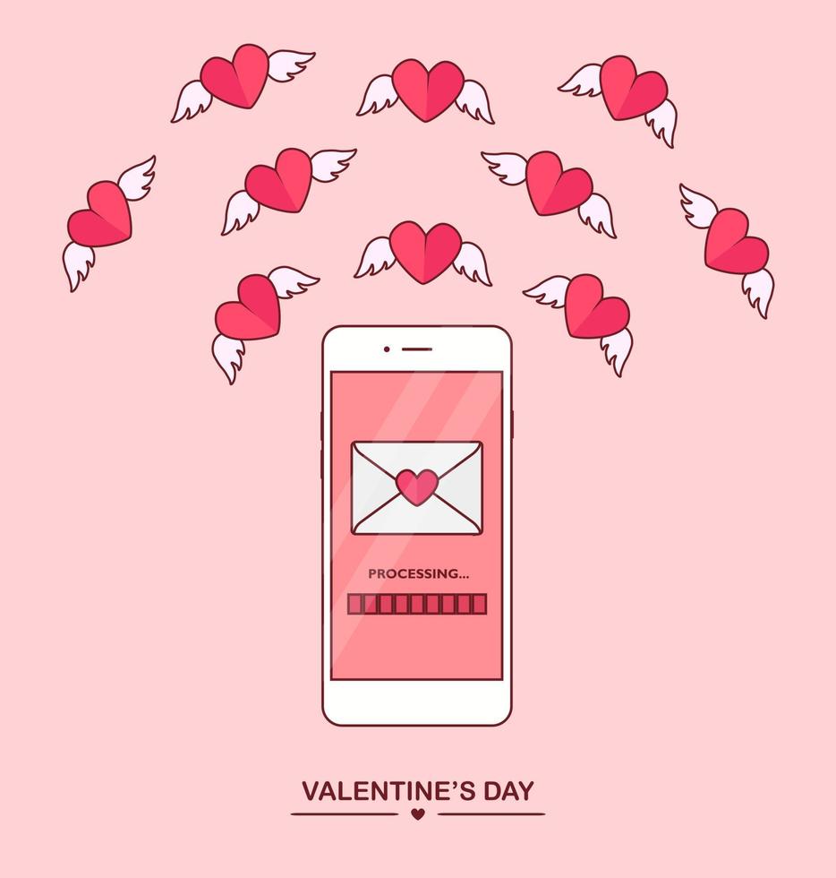 valentinstag-illustration. Senden oder empfangen Sie Liebes-SMS, Briefe, E-Mails mit dem Mobiltelefon. weißes Handy auf Hintergrund isoliert. Umschlag, fliegendes rotes Herz mit Flügeln. flaches Design, Vektorsymbol. vektor