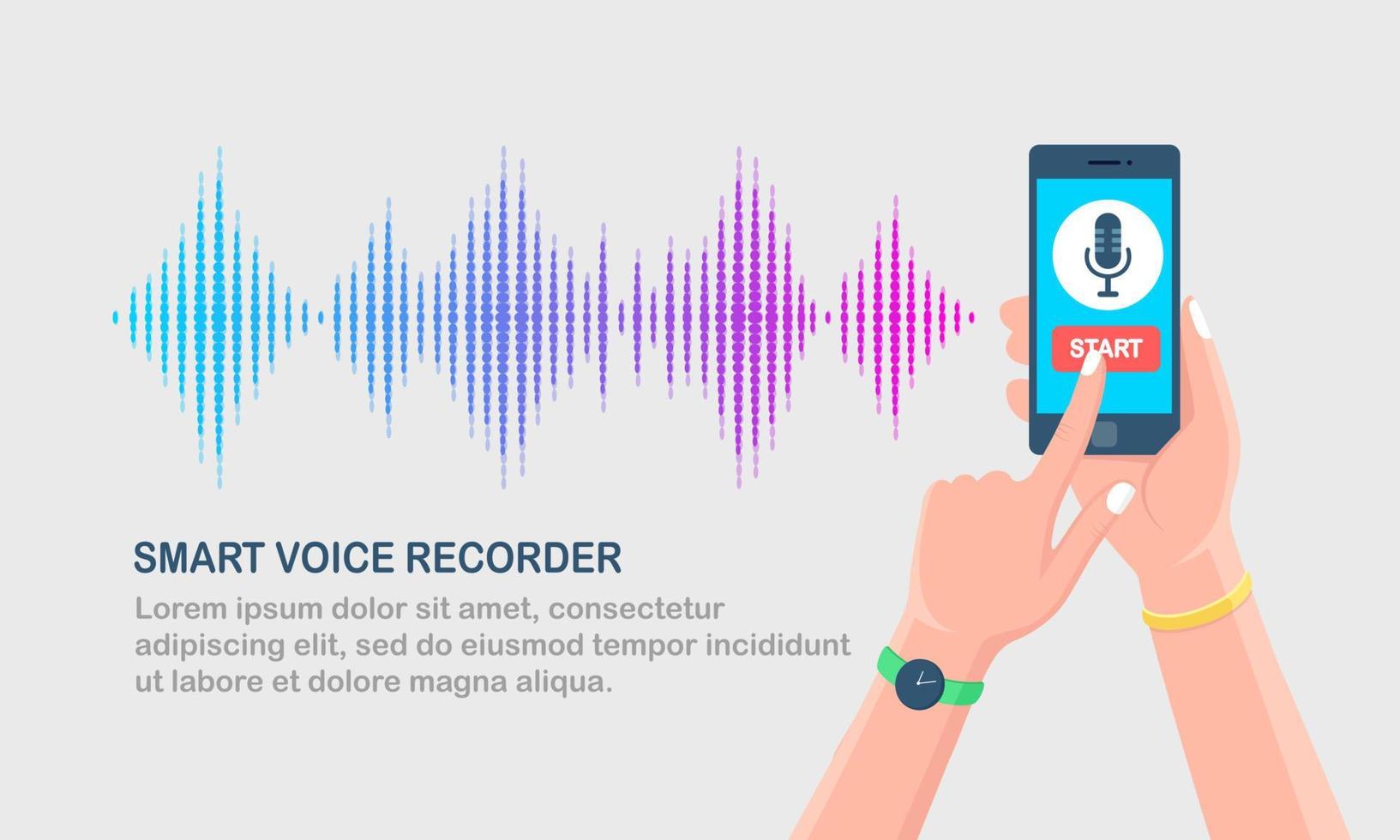 ljudgradientvåg från equalizern. mobiltelefon med mikrofonikonen på skärmen. mobilapp för digital röstradioinspelning. musikfrekvens i färgspektrum. vektor platt design