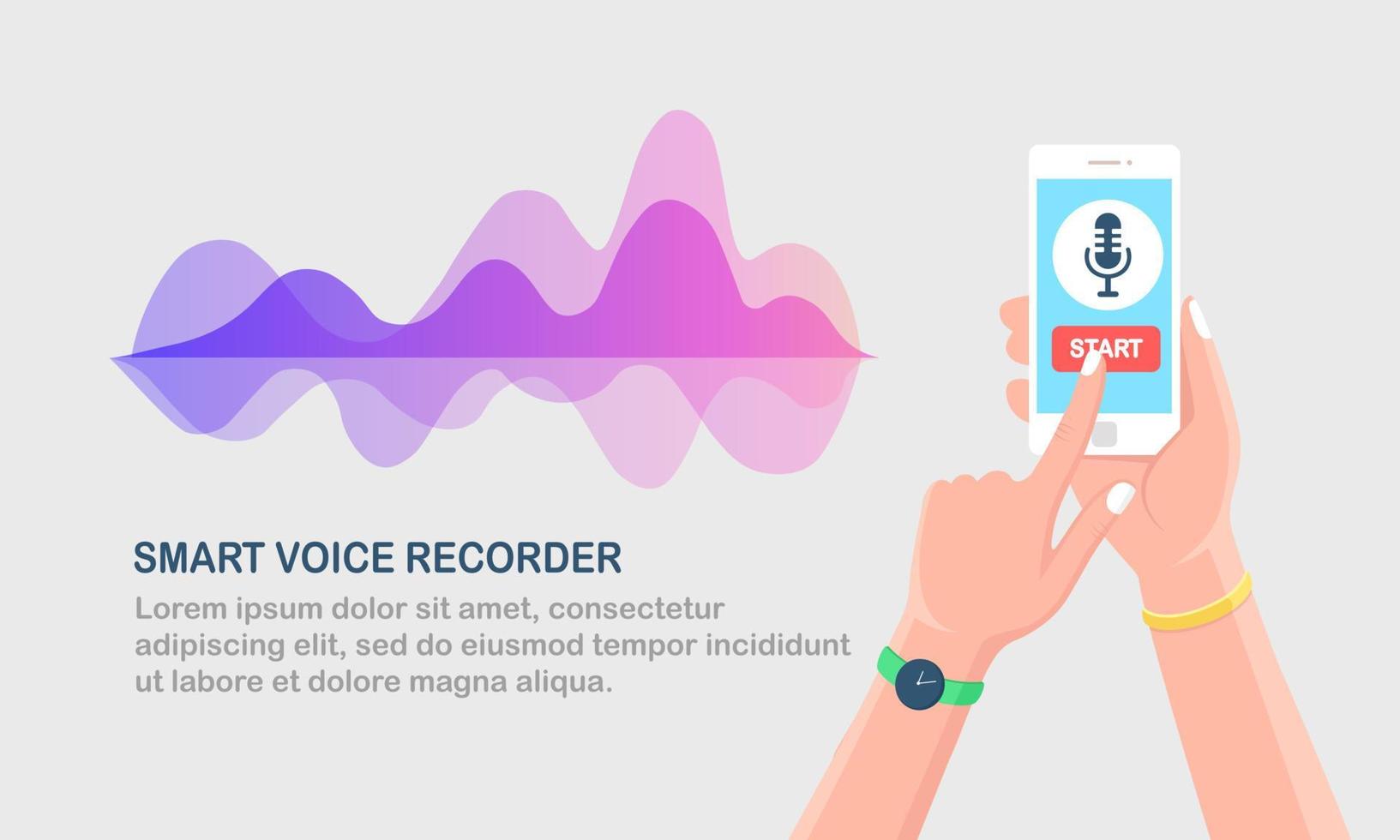 ljudgradientvåg från equalizern. mobiltelefon med mikrofonikonen på skärmen. mobilapp för digital röstradioinspelning. musikfrekvens i färgspektrum. vektor platt design