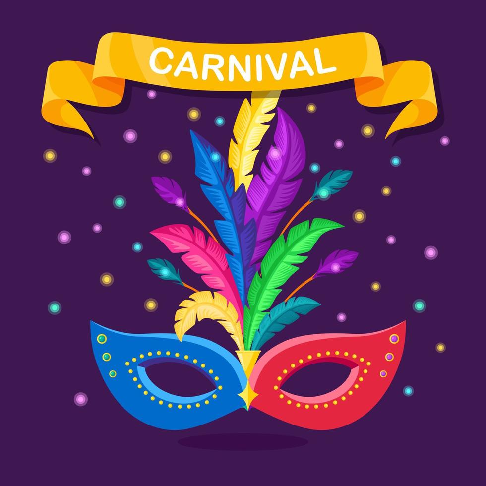Karnevalsmaske mit Federn auf Hintergrund isoliert. Kostümzubehör für Partys. karneval, venedig-festkonzept. Vektor-Cartoon-Design vektor
