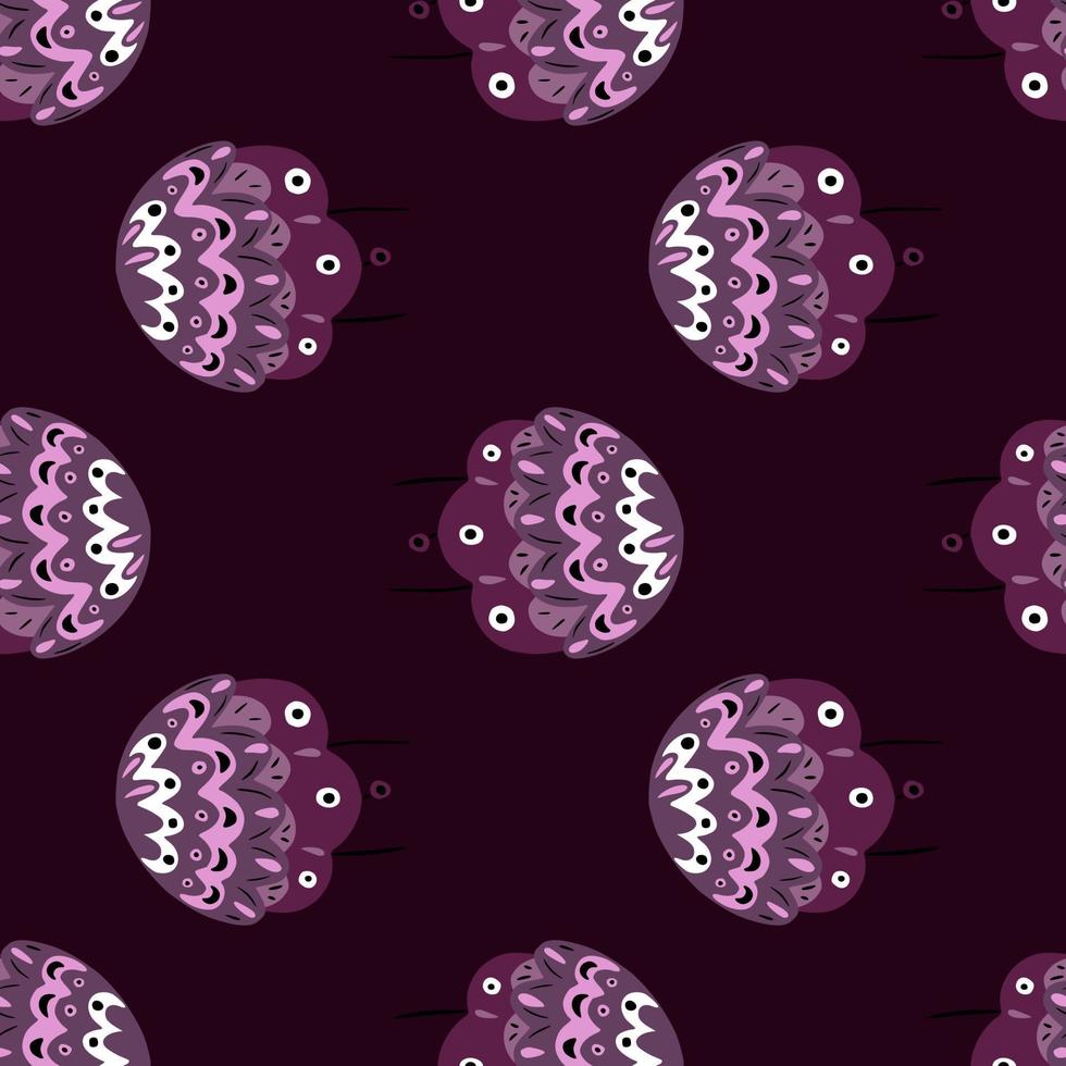 schwarzes kreatives nahtloses muster mit volksblumenverzierung in lila farben. schwarzer Hintergrund. Gekritzeldruck. vektor