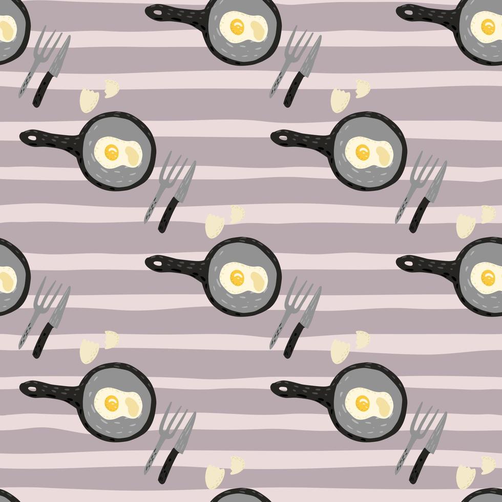 enkelt stiliserat sömlöst matmönster med äggmåltid. omelett platta element på kokkärl med folk och knivar. ljus lila avskalad bakgrund. vektor