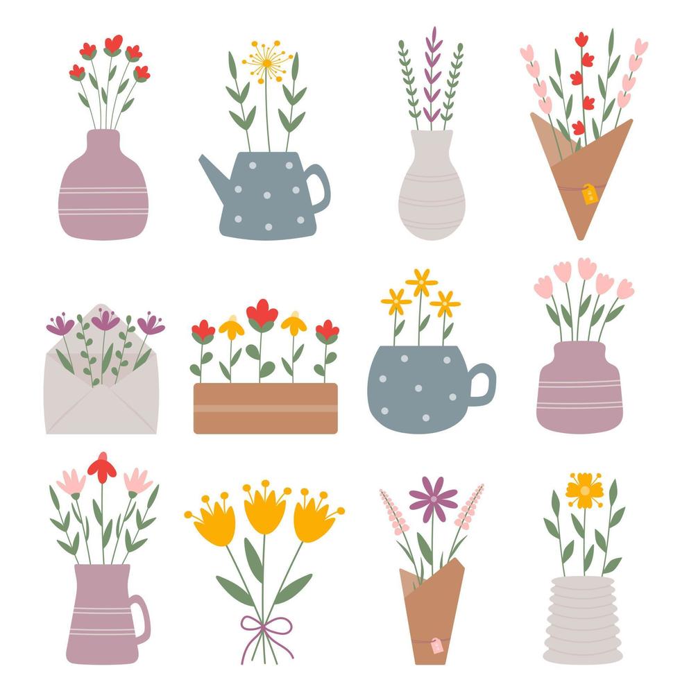 Große Sammlung süßer Frühlingsgartenblumen, Blumensträuße in Vase, Topf, Keramikbecher und Bastelpapier. illustration für floristische karten, geschenkanhänger, 8. märz und osterdekor, hochzeitsgeschenke, einladung. vektor