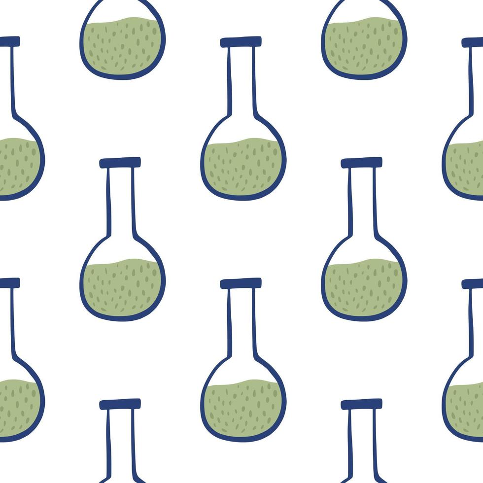isolerade kemi sömlösa doodle mönster med kolv prydnad. grön vätska och vit bakgrund. vektor