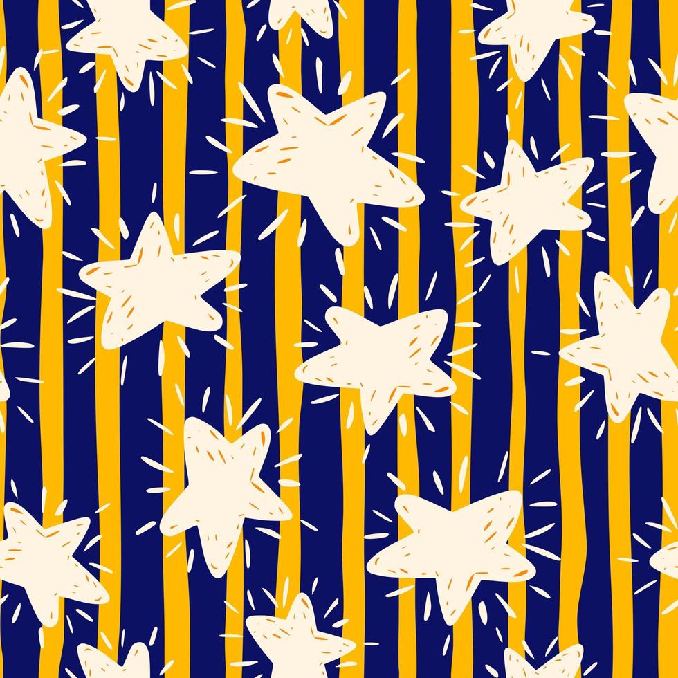 weiße zufällige Sternschattenbilder nahtloses Gekritzelmuster. gestreifter hintergrund mit marineblauen und gelben linien. vektor