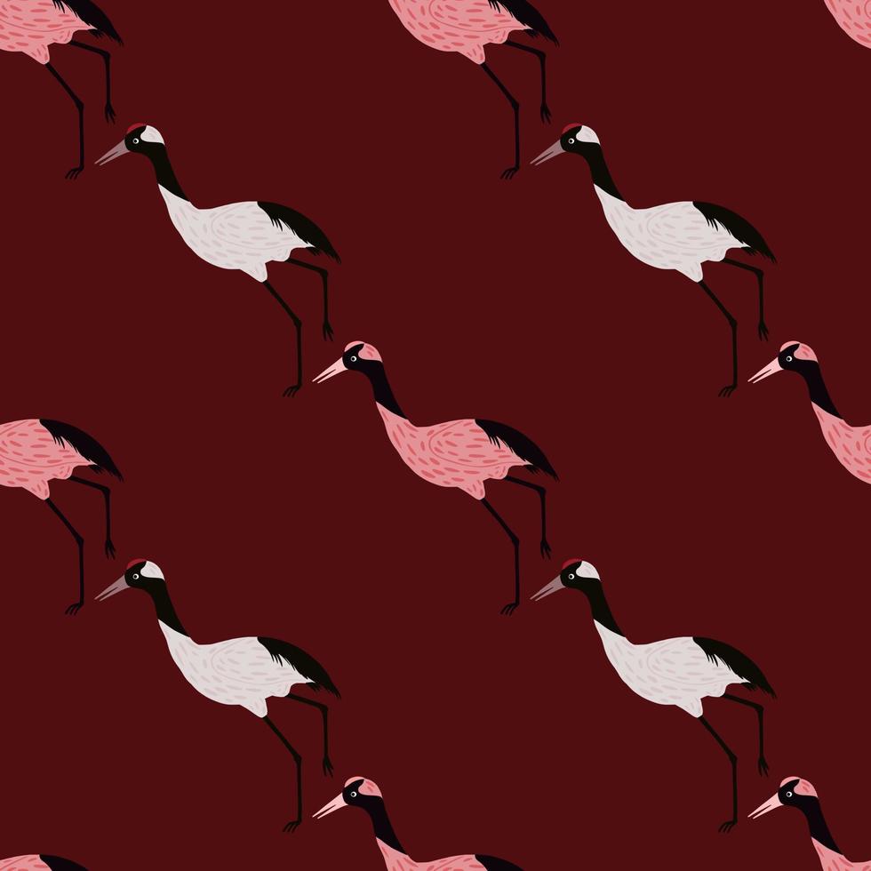 seamless mönster i minimalistisk stil med doodle crane fågel slhouettes prydnad. rödbrun bakgrund. vektor