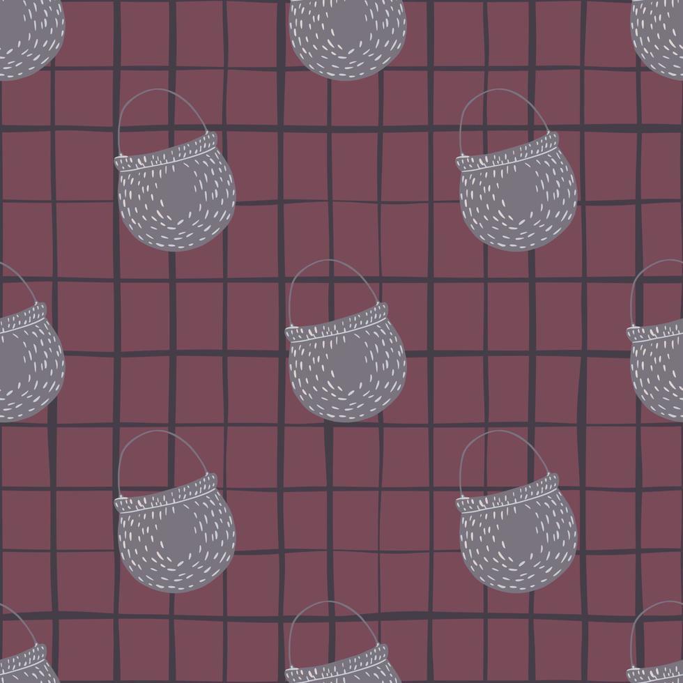 magiska häxiga sömlösa mönster med grå kruka doodle silhuetter. rutig bakgrund. vektor