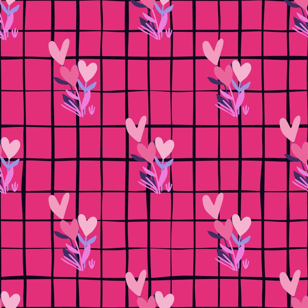 helles nahtloses Blumenmuster mit Blumen und Herzen. rosa hintergrund mit scheck. abstrakter botanischer Druck. vektor
