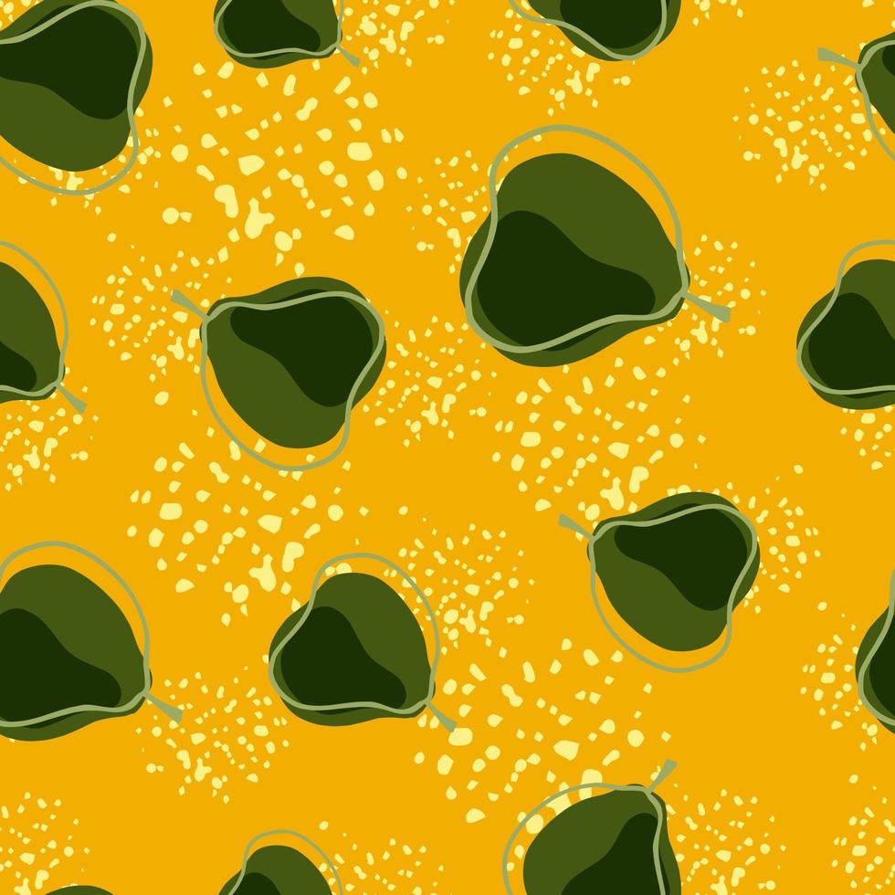 ljusa sömlösa mönster med ekologiska färska gröna päronformer. gul bakgrund med stänk. vektor