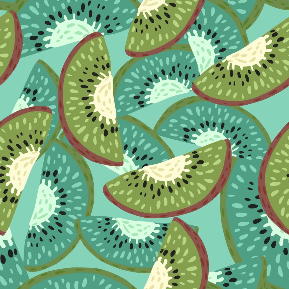 kreatives, nahtloses Gekritzelmuster mit grünen und blauen Kiwi-Scheibenformen. Essen-Kulisse. vektor