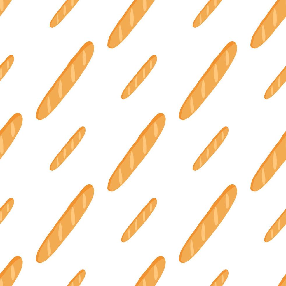 isoliertes nahtloses Muster mit orangefarbenem Doodle-Baguette-Ornament. weißer Hintergrund. köstlicher Backwarendruck. vektor