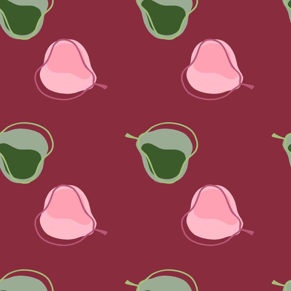 handritad mat frukt seamless mönster med doodle päron prydnad. rosa mörk bakgrund. dekortryck. vektor