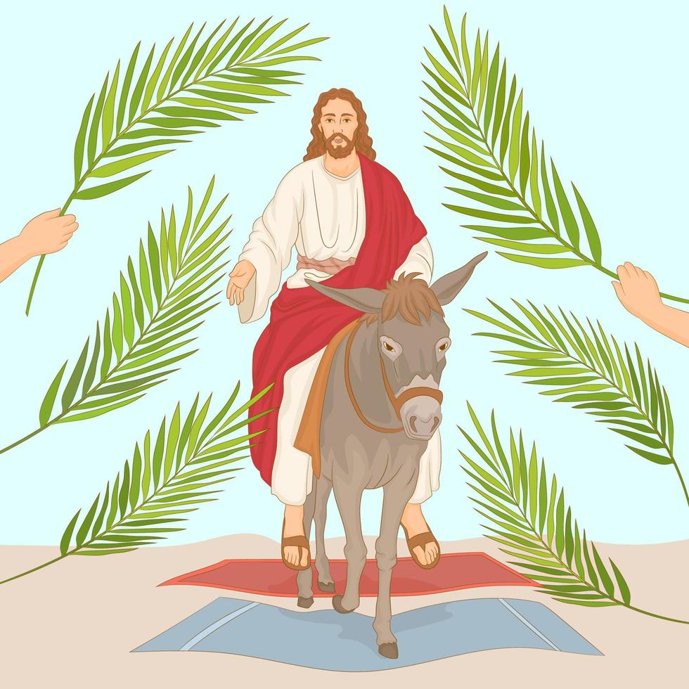 palmsonntag, jesus reitet auf einem esel, der mit palmblättern in jerusalem einfährt. vektor