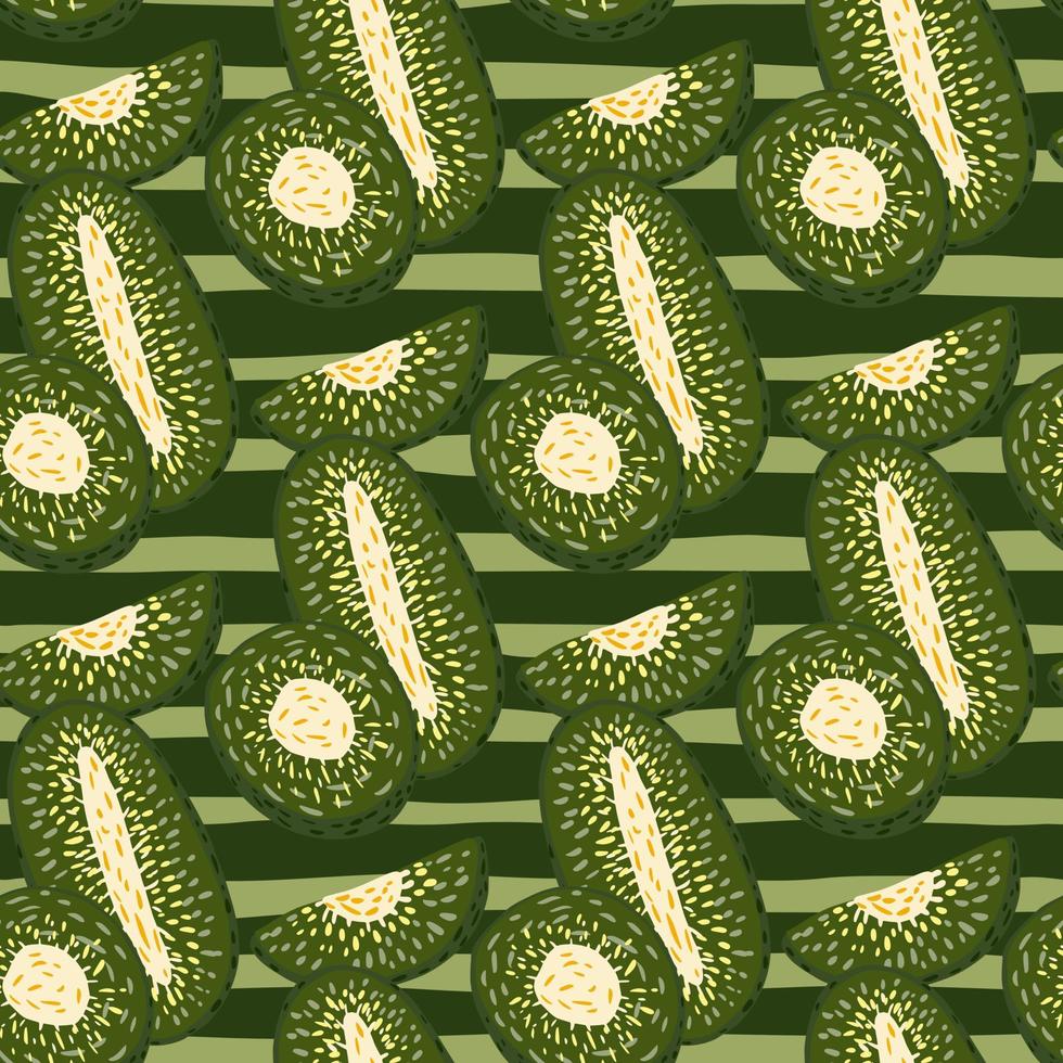 vegetarisches nahtloses gekritzelmuster mit abstrakten kiwischeibenformen. grün gestreifter Hintergrund. Essen-Kulisse. vektor
