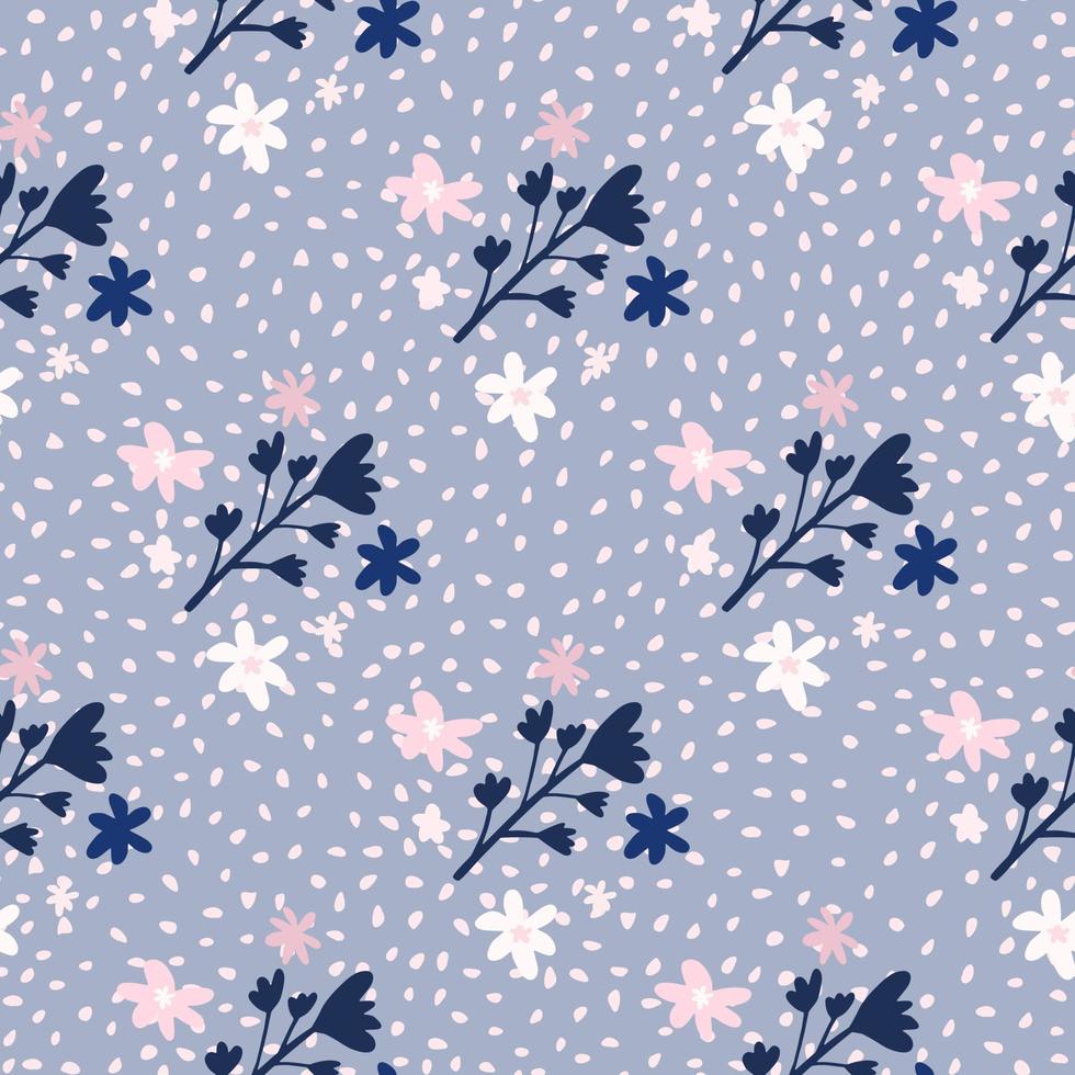 marinblå blommor silhuetter seamless mönster. små rosa och vita daisy element. blå bakgrund med prickar. vektor
