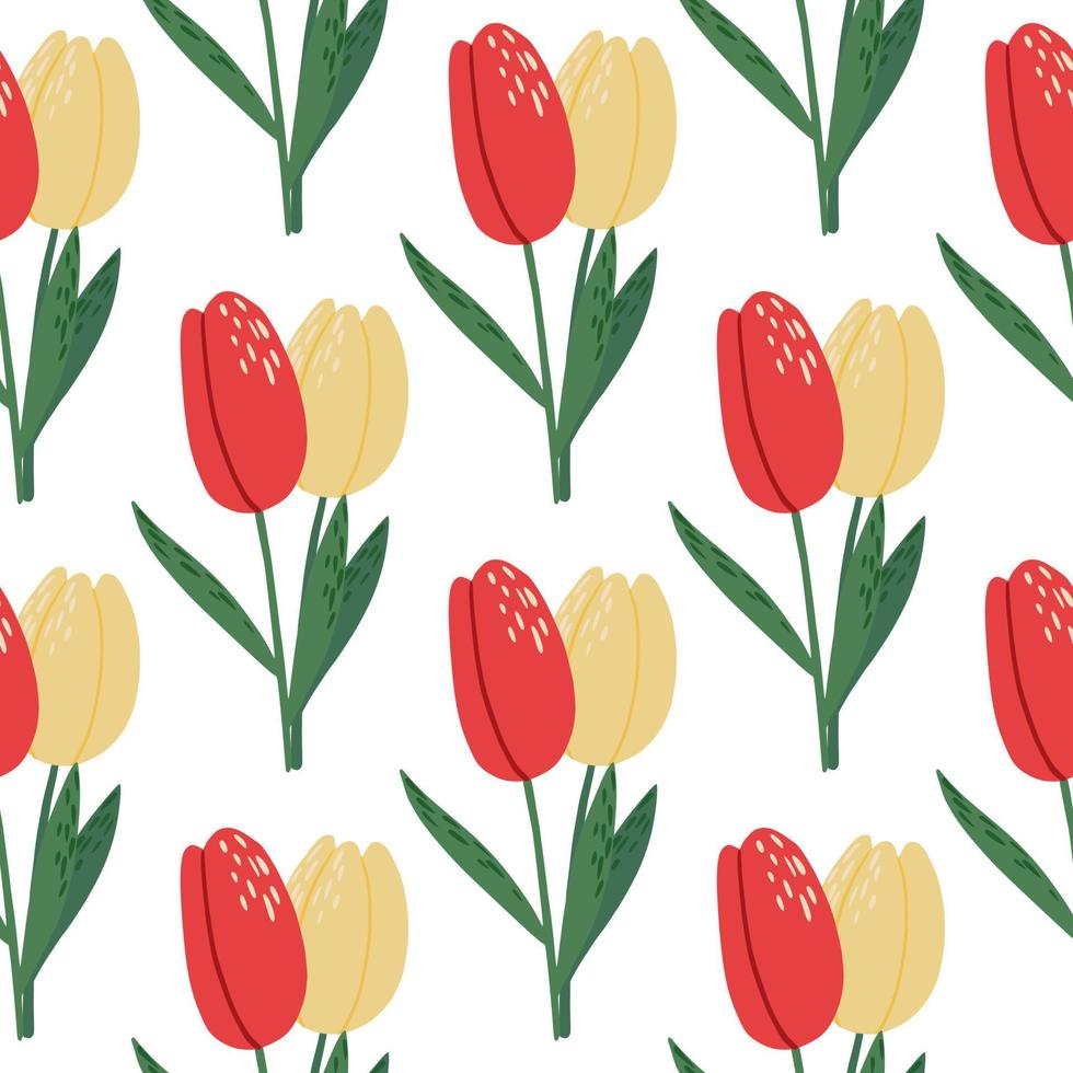 isoliertes nahtloses tulpenmuster des hellen frühlings. Blumensilhouetten mit roten und gelben Knospen auf weißem Hintergrund. vektor