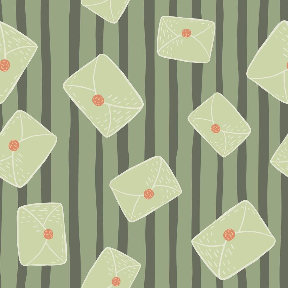sömlösa slumpmässiga mönster i gröna olivtoner med postbrev. randig bakgrund. vintage design. vektor