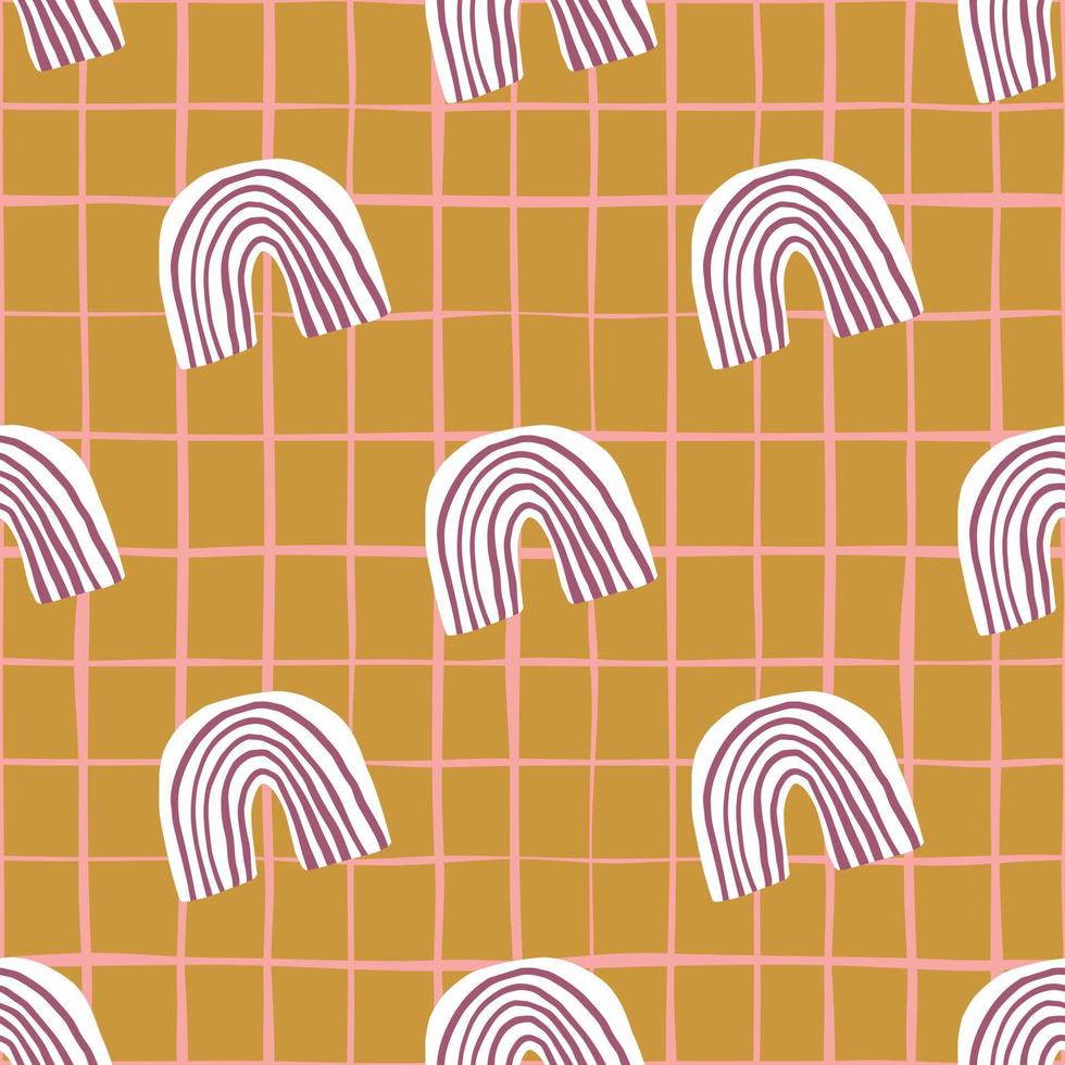 skandinaviskt mönster i pastellfärger. vita och lila regnbågar på ockra rosa fodrad bakgrund. vektor