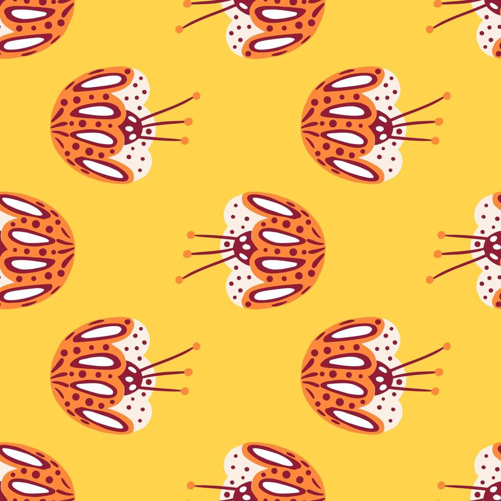 Orange Volksblumen knospen nahtloses Muster im handgezeichneten Doodle-Stil. pastellgelber hintergrund. Naturdruck. vektor