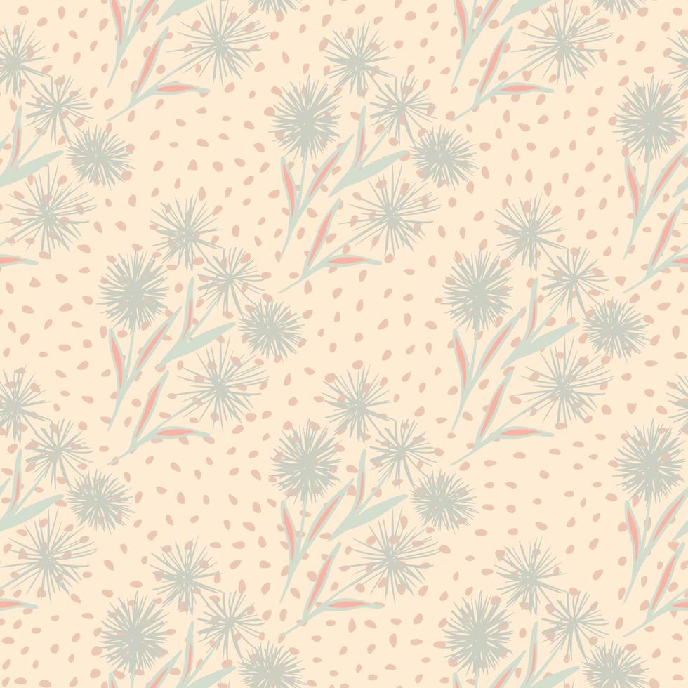 pastellfarbenes, helles, nahtloses Muster mit handgezeichneten, weichen, blauen Löwenzahn. rosa hintergrund mit punkten. Blumenmuster. vektor