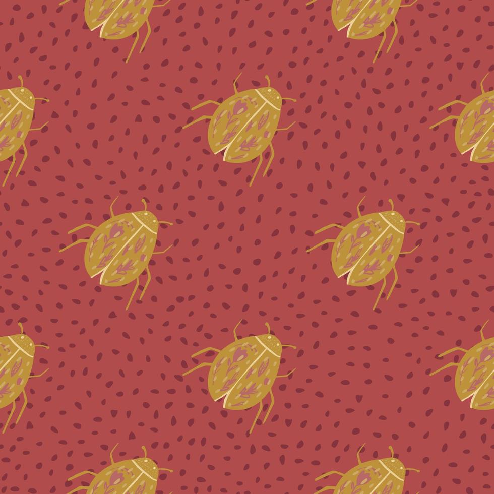 Nahtloses Muster mit stilisierten, handgezeichneten Käfer-Silhouetten. ockerfarbene Insektenverzierung auf kastanienbraunem gepunktetem Hintergrund. vektor