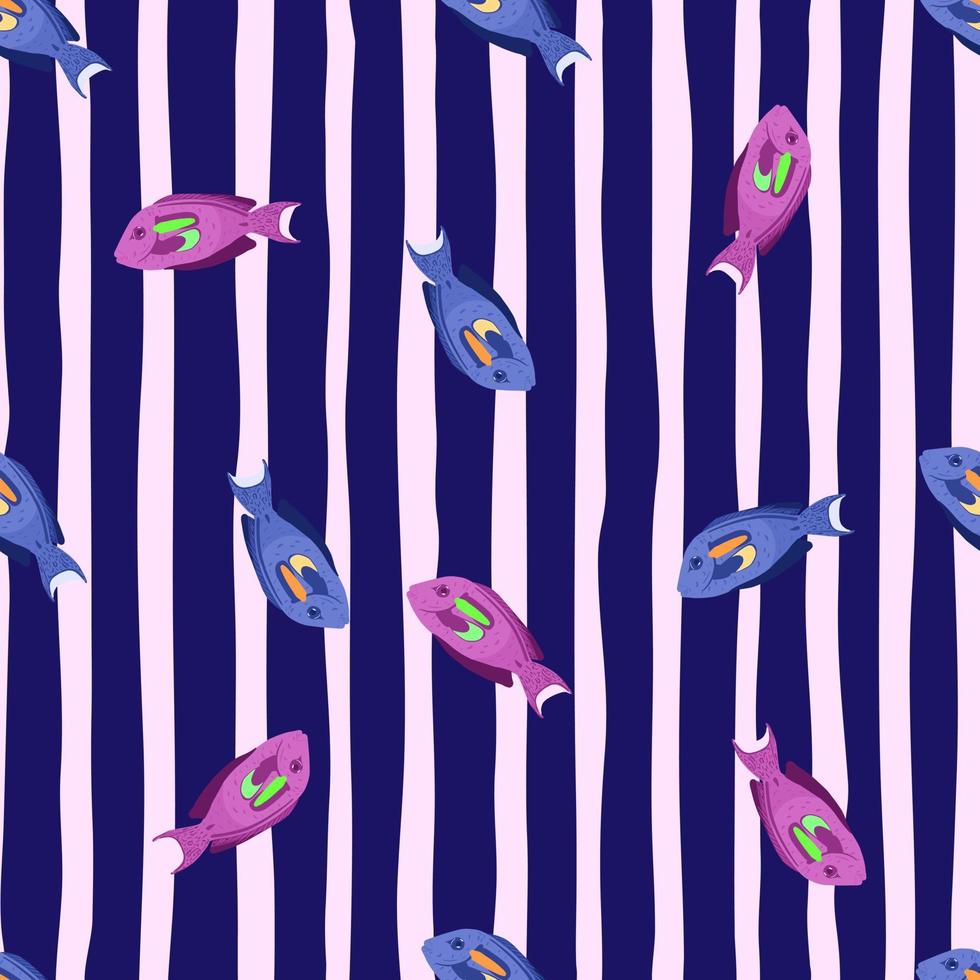 Helles, nahtloses Muster mit blauen und violetten Fischformen. marineblauer und grauer gestreifter hintergrund. vektor