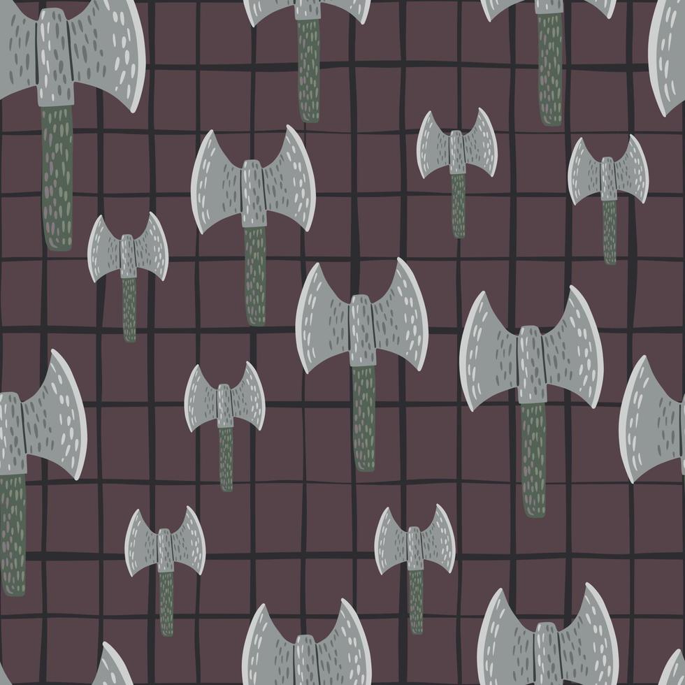 Zufälliges nahtloses altes Muster mit Wikinger-Axt-Silhouetten. Scandinavia Battle Ornament in Grautönen auf braunem Hintergrund mit Karomuster. vektor