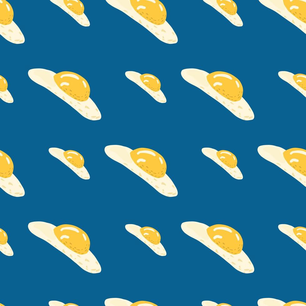 Nahtloses Kontrastmuster mit Omelette-Doodle-Silhouetten, Eierelementen auf marineblauem Hintergrund. Frühstücksmahlzeit drucken. vektor
