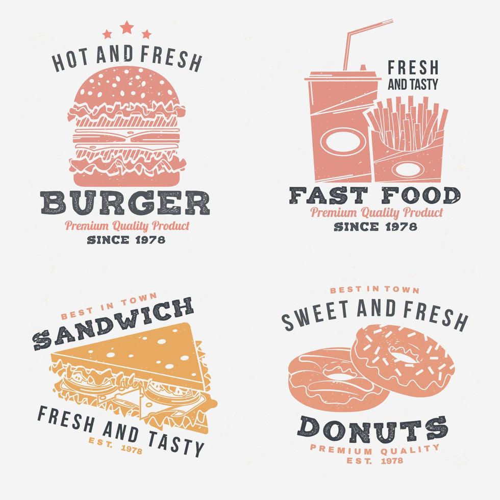 Satz von Fast-Food-Retro-Abzeichen-Design. Vintage-Design mit Sandwich, Burger, Pommes Frites für Cafés, Kneipen oder Fast-Food-Geschäfte. Vorlage für Restaurant-Identitätsobjekte, Verpackungen und Menüs vektor