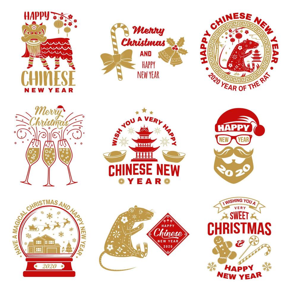 satz frohe weihnachten und frohes chinesisches neujahrsdesign im retro-stil. Vektor. vintage typografie design für chinesisches neujahrs- und weihnachtsemblem. vektor
