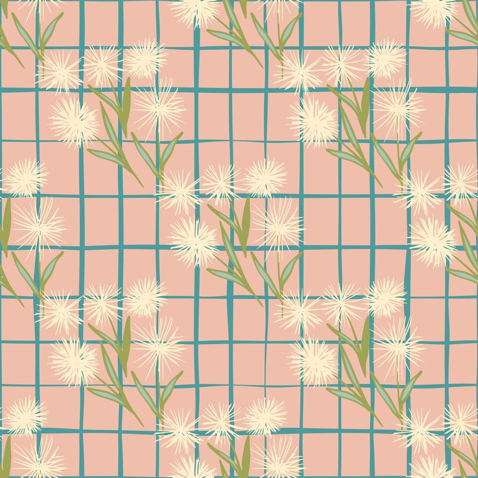 Sommerzartes nahtloses Blumenmuster mit hellen Löwenzahnblumen und grünen Zweigen. rosa hintergrund mit scheck. vektor
