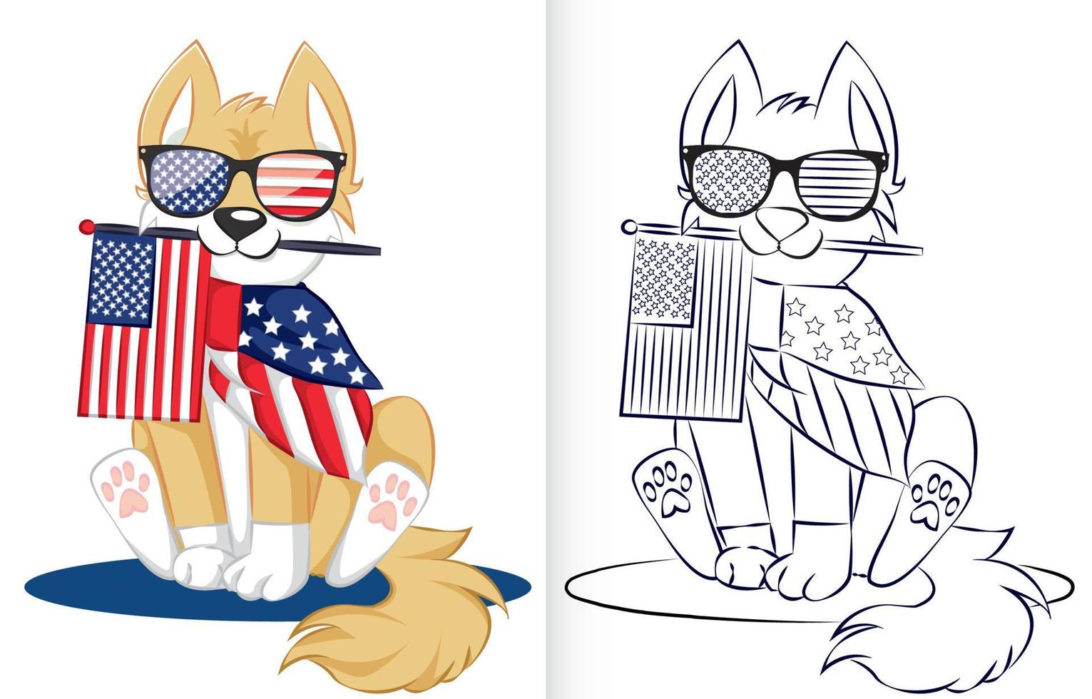 malbuchseitenvorlage mit usa-unabhängigkeitstagkonzept. hund, der in der sonnenbrille mit sternenbanner-flagge süß aussieht. vektor