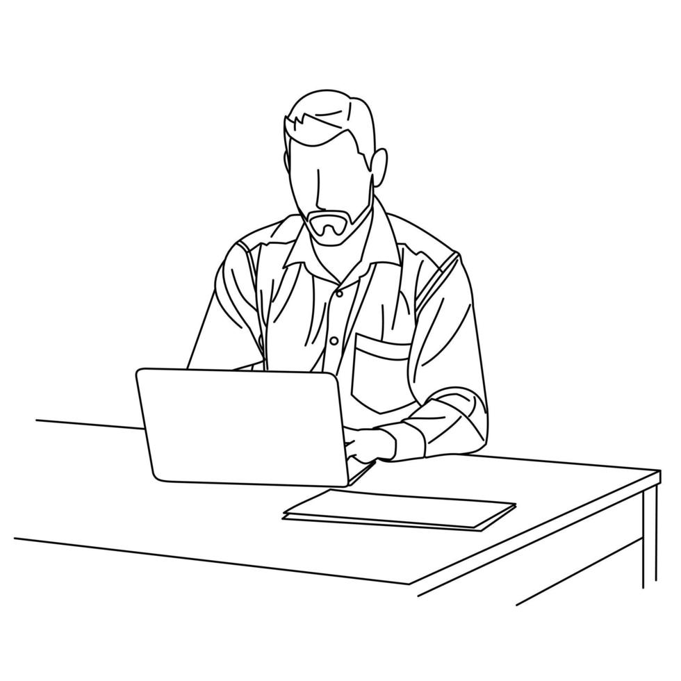 ein junger, erfahrener unternehmer, der online-e-mails auf dem laptop überprüft, am schreibtisch oder im café sitzt. geschäftsmann, der finanzinformationen auf website über laptop-computer sucht und text eingibt vektor