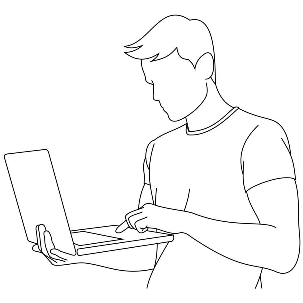 Ein Programmierer im lässigen T-Shirt, der einen Laptop in den Händen hält und nach einer Lösung des Problems sucht. Ein Unternehmer, der Online-E-Mails auf dem Laptop überprüft und eingibt oder im sozialen Netzwerk chattet vektor