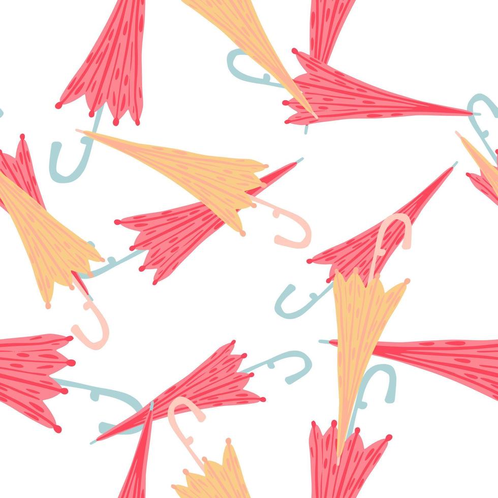 höstsäsongen slumpmässiga sömlösa mönster med rosa och orange paraplyer. vit bakgrund. tecknat tryck. vektor