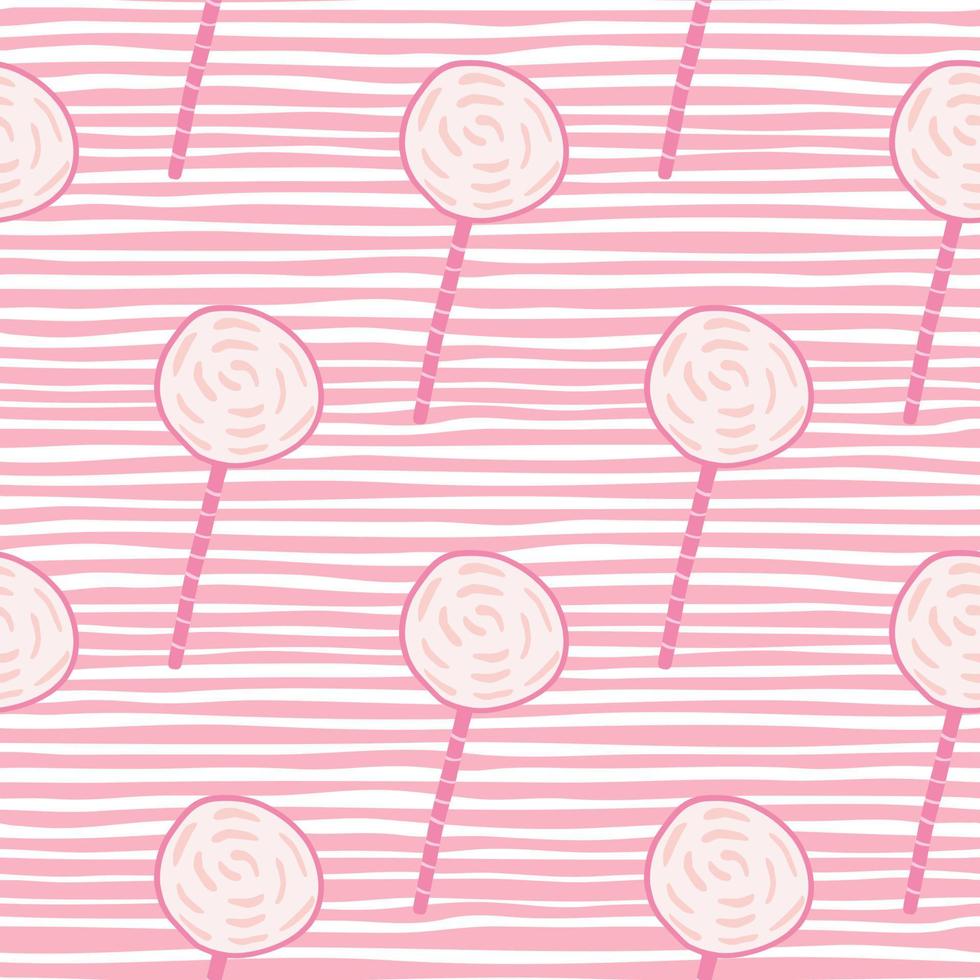 Doodle Lollipop Ornament handgezeichnetes nahtloses Muster. süßer Aufdruck in Weißtönen auf Hintergrund mit rosa Streifen. vektor