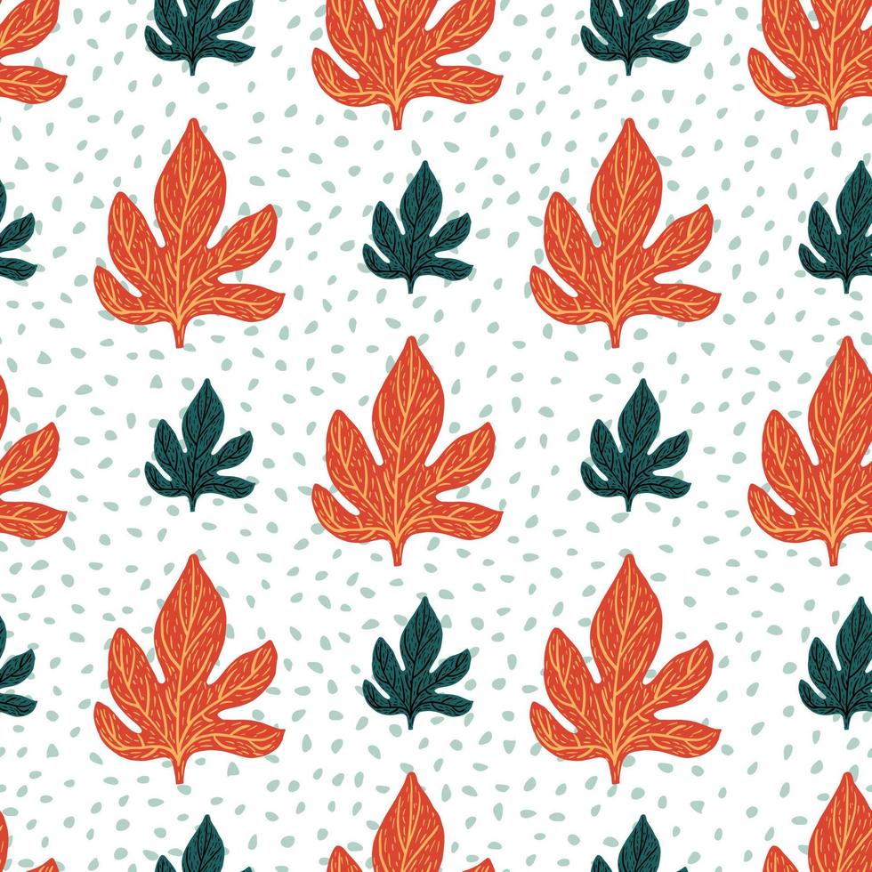 ljusa sömlösa mönster med tecknade blad doodle prydnad i blå och orange färger. vit prickig bakgrund. vektor
