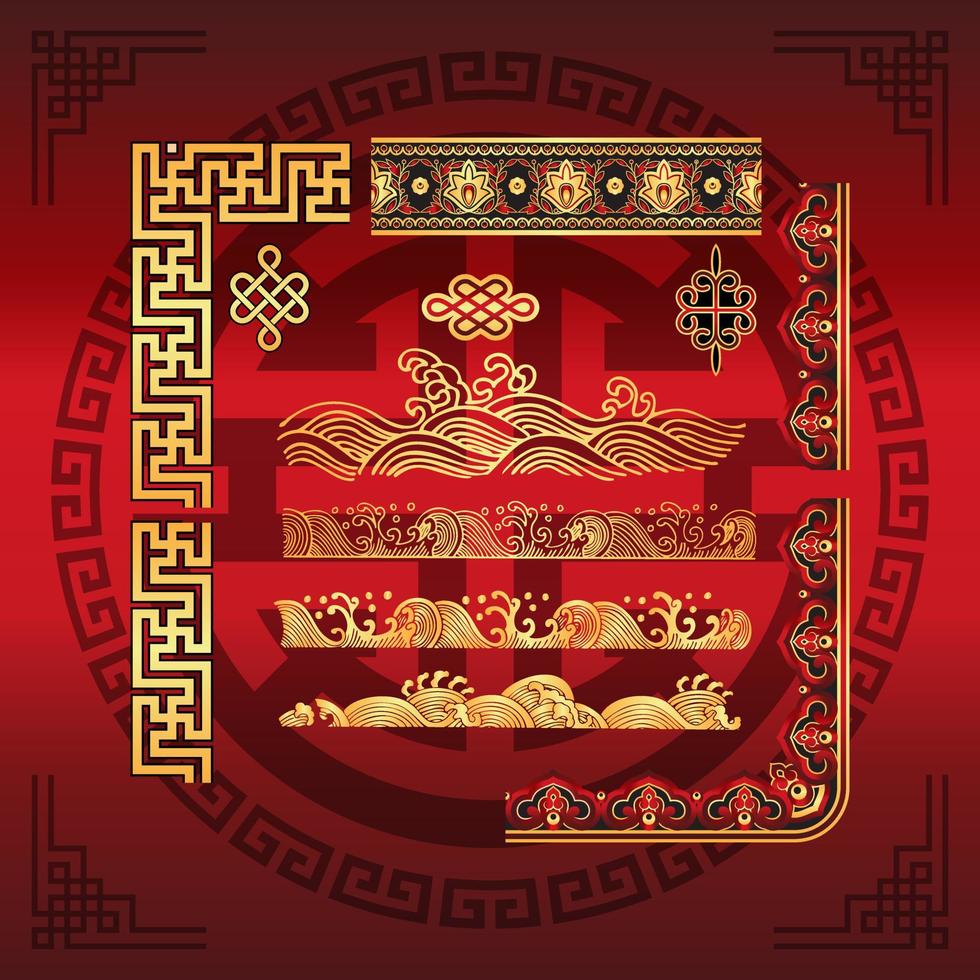 uppsättning gränsmönster element kinesiska nyåret traditionell dekoration vektor