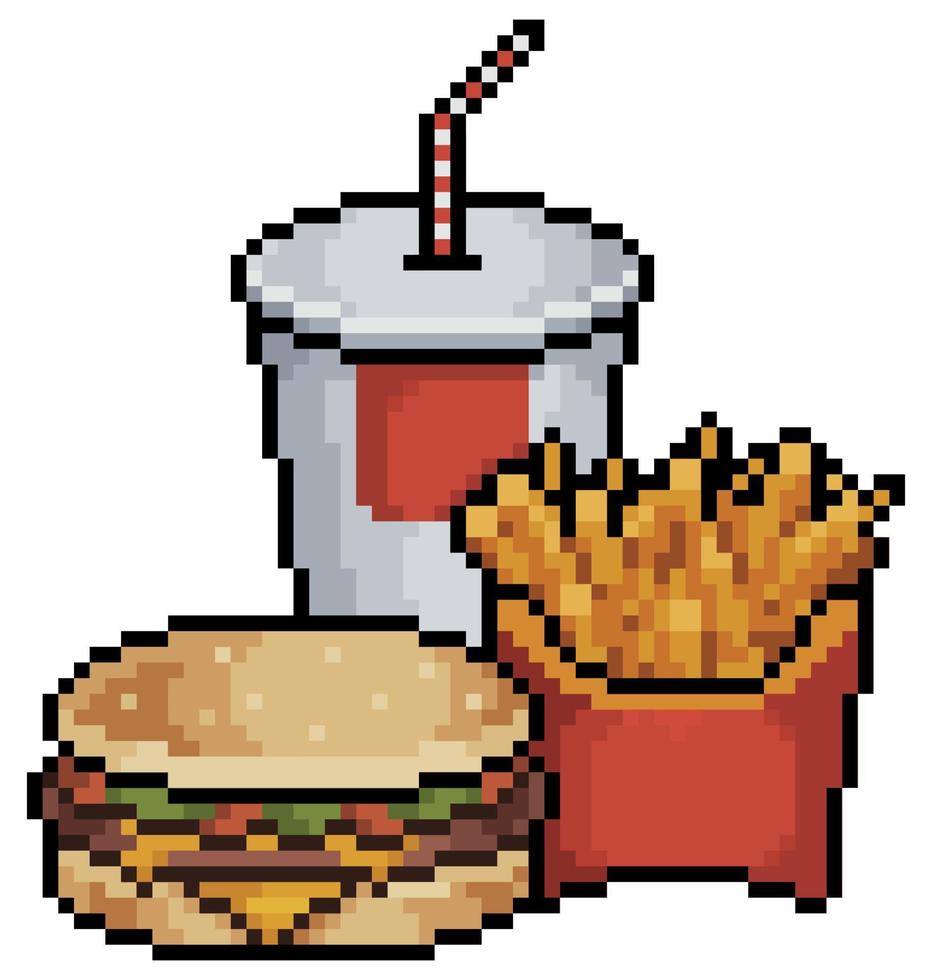 pixel art hamburgare, läsk och pommes frites vektorikon för 8-bitars spel på vit bakgrund vektor