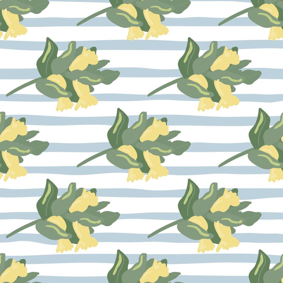 Hellgrüne und gelbe Zweige und Beeren nahtloses Muster. florale handgezeichnete Verzierung auf abgestreiftem Hintergrund mit blauen und weißen Linien. vektor
